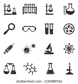 Lab And Research Icons. Black Scribble Design. Vector Illustration.