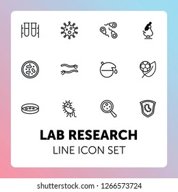 Lab research line icon set. Bacteria, virus, test tube, microscope. Science concept. Can be used for topics like medicine, laboratory, chemistry, microbiology