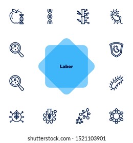 Lab research line icon set. Food, dna, bacteria. Science concept. Can be used for topics like genetics, microbiology, laboratory
