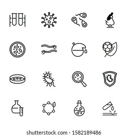 Lab research line icon set. Bacteria, virus, test tube, microscope. Science concept. Can be used for topics like medicine, laboratory, chemistry, microbiology