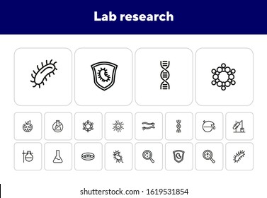 Lab research line icon set. Beaker, bacteria, dna. Science concept. Can be used for topics like microbiology, genetics, virus