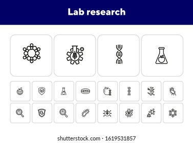 Lab research line icon set. Food, dna, bacteria. Science concept. Can be used for topics like genetics, microbiology, laboratory