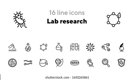 Lab research line icon set. Bacteria, virus, test tube, microscope. Science concept. Can be used for topics like medicine, laboratory, chemistry, microbiology