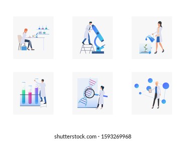 Lab research set. Scientists using microscope, test tube, watching DNA molecule. Flat vector illustrations. Science concept for banner, website design or landing web page