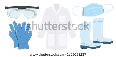 Lab safety gear illustration set. Personal protective equipment collection including gloves, safety glasses, lab coat, boots, and mask. Science laboratory PPE flat vector graphic elements.