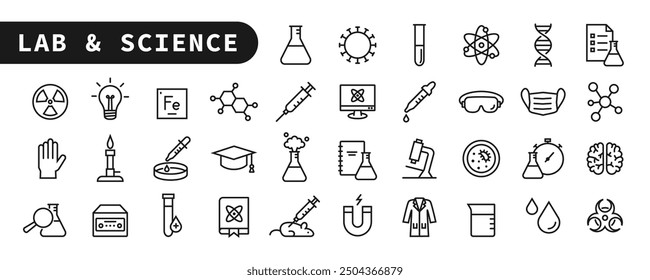 Conjunto de iconos de líneas de laboratorio y ciencia. Trazo editable. Iconos de equipos de laboratorio. Matraz, microscopio, jeringa, pipeta, placa de Petri... Símbolos de contorno simples. Ilustración vectorial