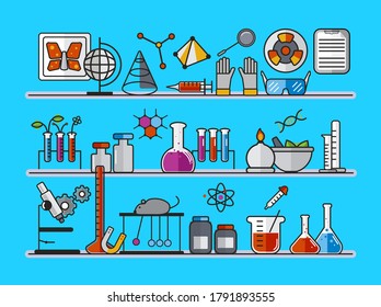 equipo científico de laboratorio, microscopio, frascos líquidos tóxicos. Laboratorio Médico. Investigación, pruebas, estudios de química, física, biología. Clase de química de dibujos animados. Experimentos farmacéuticos. Vector.