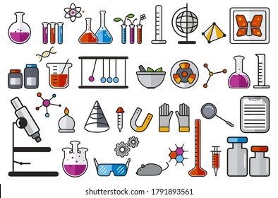 lab scientific equipment, microscope, flasks toxic liquid. Medical Laboratory. Research, testing, studies chemistry, physics, biology. Cartoon chemistry classroom. Pharmaceutical experiments. Vector.