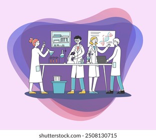 Lab scientist conducting research work flat vector illustration. Medical student doing tests and mixing chemicals at laboratory scene. Science, chemistry and medicine concept