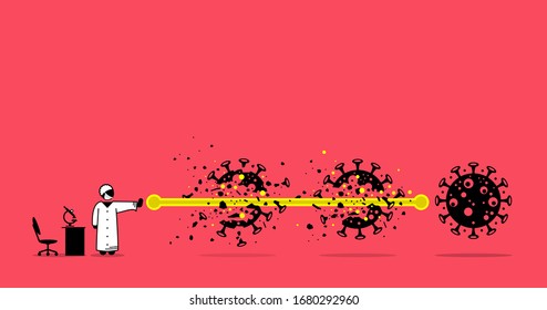Lab scientist destroy and defeat coronavirus virus after finding the solution and breakthrough research. Vector illustration concept of scientist destroy virus with fireball in anime manga style. 
