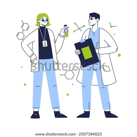Lab scientists. Biotechnology lab workers, chemistry development, medical laboratory researching flat vector illustration. Chemical scientific experiment scene