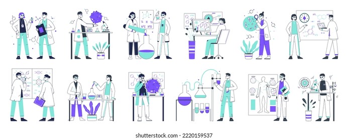 Lab scientists, flat medical, chemistry development. Biotechnology lab workers, laboratory researching work vector symbols illustration collection. Chemical scientific experiment scenes set