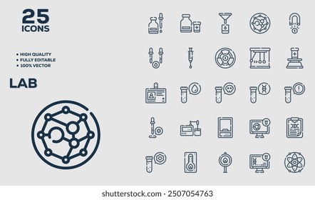 Lab set of 25 outline icons related to Fitness. Linear icon collection. Editable stroke. Vector illustration