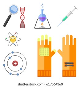 Lab symbols test medical laboratory scientific biology design molecule microscope concept and biotechnology science chemistry icons vector illustration.