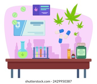 Lab table with different flasks and test tubes for making medicine of cannabis. Vector illustration. Bottles and packages with pills produced from hemp. Medicine production, cannabis usage concept