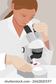 Técnico de laboratório vestindo um jaleco branco examina sangue ao microscópio