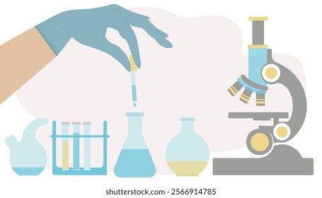 Lab technician's hand in a glove conducts an experiment, research. Vector illustration of medical laboratories, conducting tests. Ideal for medical, information catalogs and institutional materials.