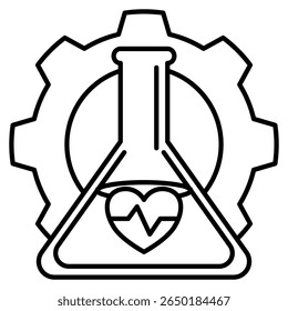 Lab test automation icon represented by gear, potion, heartbeat Line style.