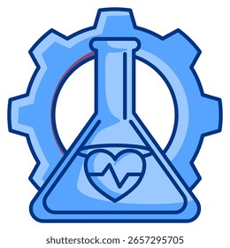 Icono de automatización de pruebas de laboratorio representado por engranaje, poción, latido del corazón.