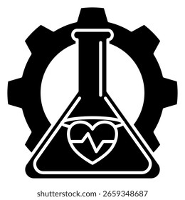 Icono de automatización de prueba de laboratorio representado por engranaje, poción, latido del corazón.
