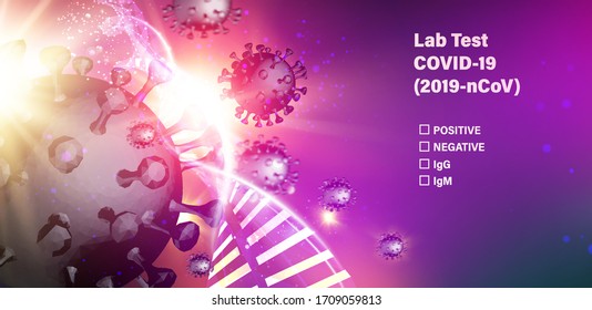 Lab test check list on covid-19. Computer model of Coronavirus in futuristic red rays over dark background and dna molecule. 3d model of virus 19-nCov. Stay home to reduce your risk of Severe Illness.