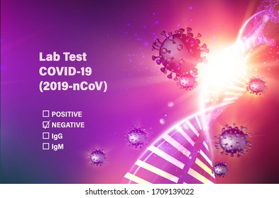 Lab test check list on covid-19. Computer model of Coronavirus in futuristic red rays over dark background and dna molecule. Stay home to reduce your risk of Severe Illness.