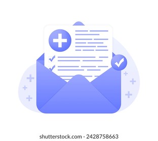 Lab test check up medical, mail envelope. Health Insurance contract. Online healthcare services read patients medical history and anamnesis for diagnosis. Vector illustration