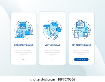Lab test ordering steps onboarding mobile app page screen with concepts. Order test online, reports walkthrough 3 steps graphic instructions. UI vector template with RGB color illustrations