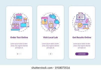 Lab test ordering steps onboarding mobile app page screen with concepts. Ordering test online, results walkthrough 3 steps graphic instructions. UI vector template with RGB color illustrations