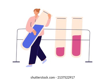 Prueba de laboratorio, investigación. Científico durante análisis de muestras médicas. Experto químico en experimento científico con tubos de vidrio en laboratorio. Ilustración vectorial gráfica plana aislada en fondo blanco