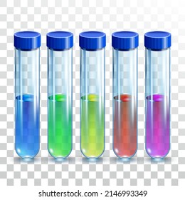 Lab Test Tubes With Chemical Liquid Set Vector. Test Tubes Laboratory Flask With Multicolored Biochemistry Samples. Scientific Glass Beaker Equipment Template Realistic 3d Illustrations