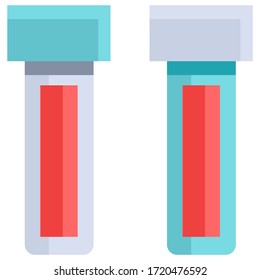 Labortest-Tuben auf weißem, isoliertem Hintergrund. Blutscheck-Symbol für Sozialbanner, Website-Element, Gesundheitswerbung, medizinisches Poster. Chemist Shop Logo oder Infokarte. Flache Stockvektorgrafik