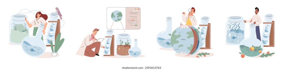 Lab test. Vector illustration. Exploration new methodologies leads to innovative scientific discoveries Scientists inspect samples to gather data for their research Researchers explore new theories