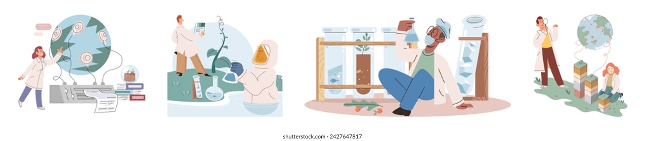 Lab test. Vector illustration. Inspection experimental setups ensures accuracy and reliability Exploration new ideas and theories drives scientific progress Scientists inspect samples to gather data