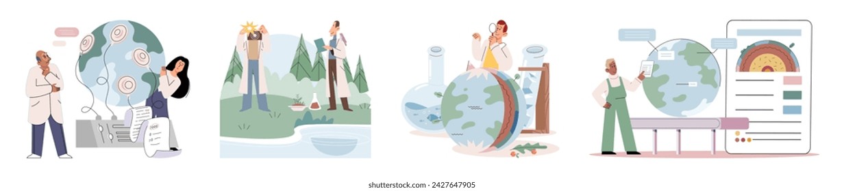 Lab test. Vector illustration. Scientists inspect samples to gather data and draw conclusions Researchers explore different methodologies to improve their experiments Investigating various factors