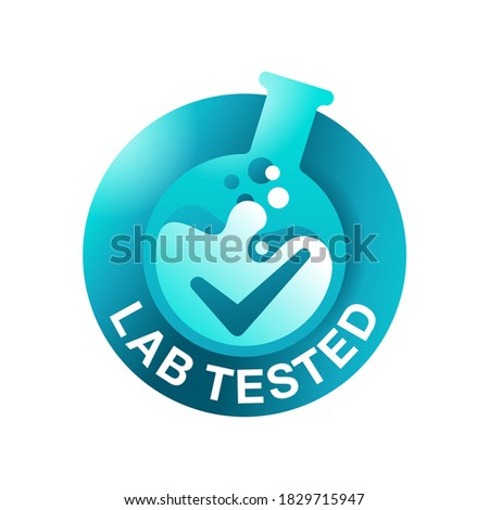 Lab tested 3D stamp - circular certificated proven sign with check mark and laboratory flask - isolated vector emblem