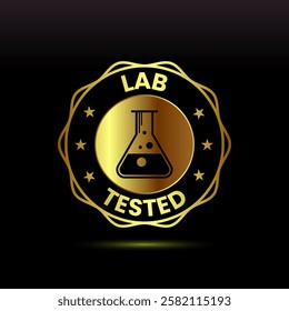 Lab tested icon. Laboratory testing product quality certificate symbol, Clinically certified, Gold color style