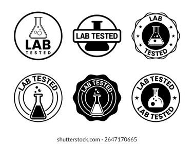 Lab tested icons set design. Laboratory testing product quality certificate symbol,  Clinically certified black on white background