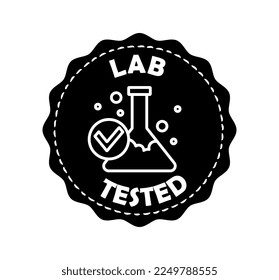 Lab tested label. Proven product and quality assurance. Verified purchase, parking and advertising. Poster or banner for website. Minimalistic flask with text. Cartoon flat vector illustration
