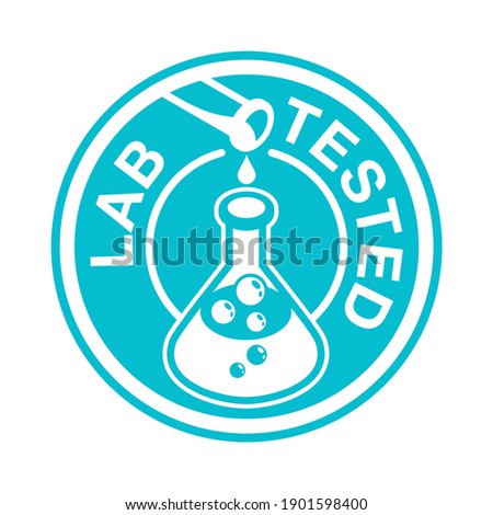 Lab tested sign - circular certificated proven icon with decorative laboratory flask in flat style