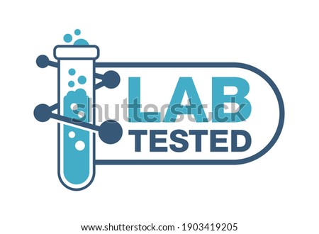 Lab tested sign - hirizontal shaped certificated proven icon with decorative laboratory flask in flat style