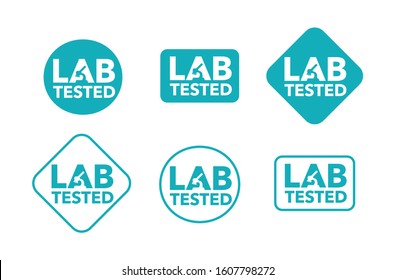 Lab tested sign - microscope intergated in word - isolated vector stamp for clinically proven food and pharmacy products in six variations