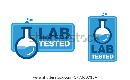 Lab tested sign - rectangular certificated proven emblem with laboratory flask - isolated vector emblem