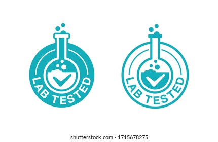 Lab Tested Stamp In 2 Variations - Circular Certificated Proven Sign With Check Mark And Laboratory Flask - Isolated Vector Emblem