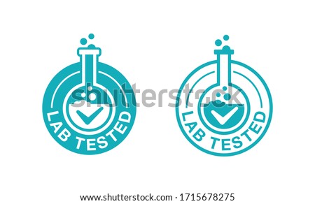 Lab tested stamp in 2 variations - circular certificated proven sign with check mark and laboratory flask - isolated vector emblem