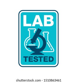 Lab tested stamp in rounded rectangle form with microscope and laboratory flask inside - isolated vector quality demonstrating element