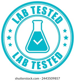 Lab tested vector sign on white background. Medical seal design with flask and check mark, no side effects, 100 percent safe and proven product