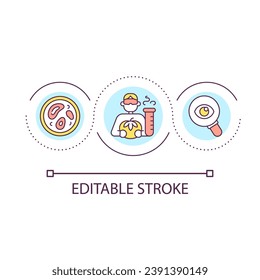 Lab testing of food loop concept icon. Analysing nutritious products. Hazards seeking abstract idea thin line illustration. Isolated outline drawing. Editable stroke