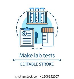 Lab tests concept icon. Laboratory analysis idea thin line illustration. Diagnostic lab. Tubes rack, medical report, tests jar. Vector isolated outline drawing. Editable stroke