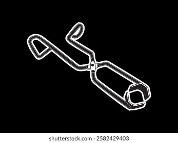 Lab tongs clamp icon illustration design, laboratory tool for clamping test tubes or universal clamp tool with its handle, vector icon in black and white sticker style isolated on black background